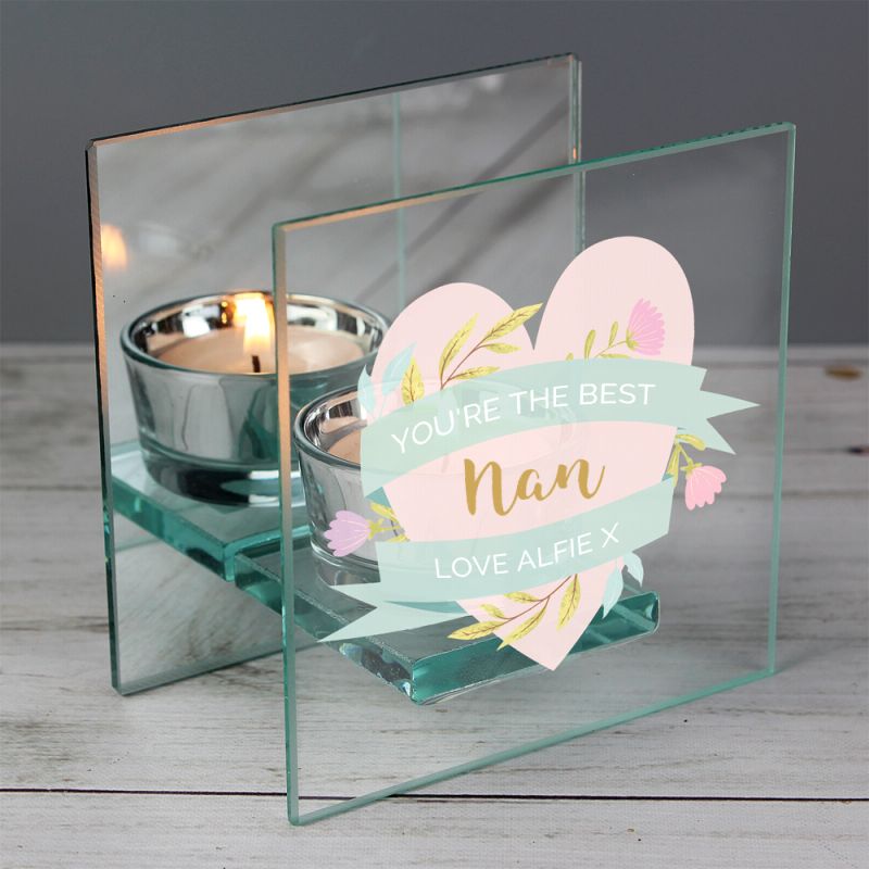 Nan Gift - Personalised Floral Heart Mirrored Glass Tea Light Holder