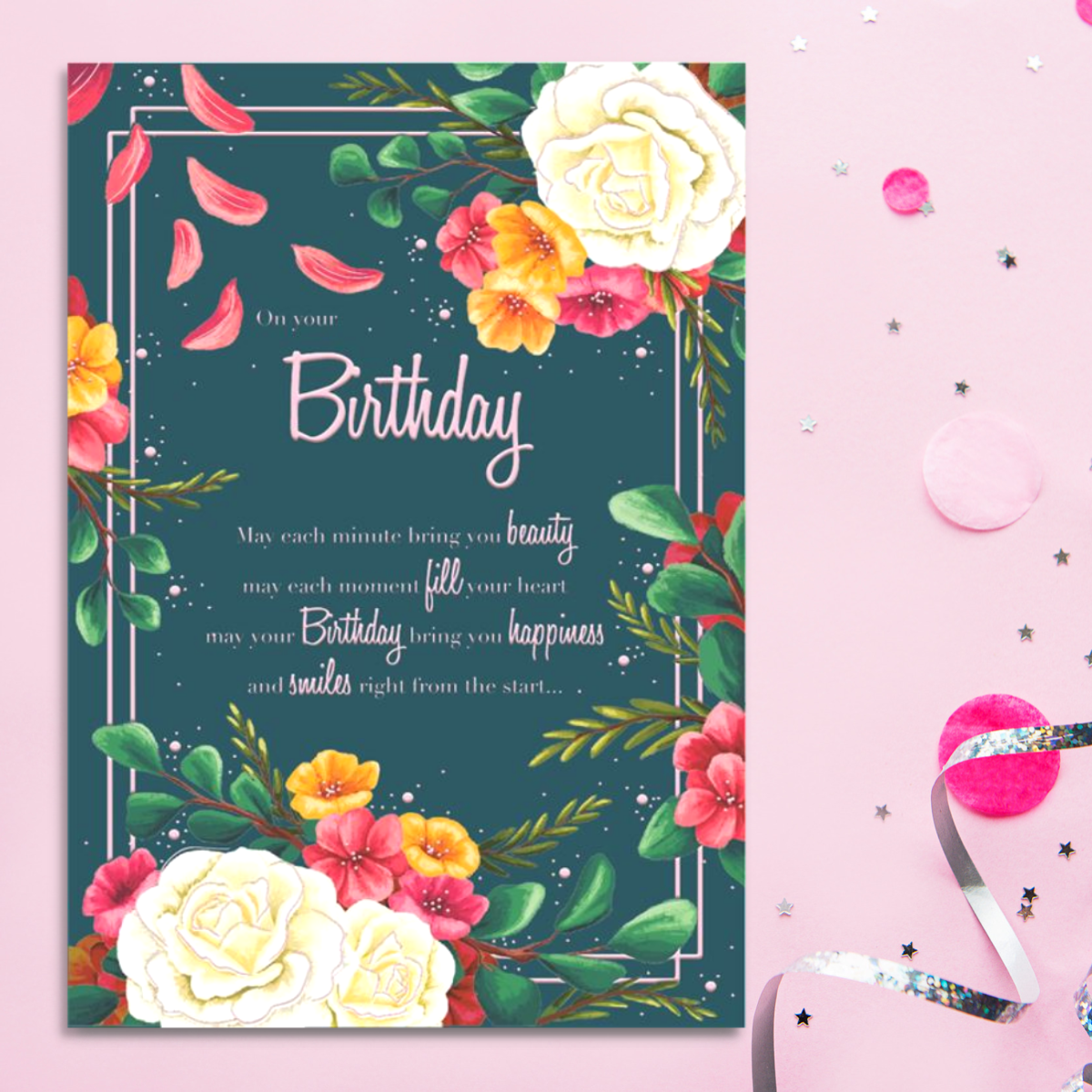 Teal card with floral border and verse