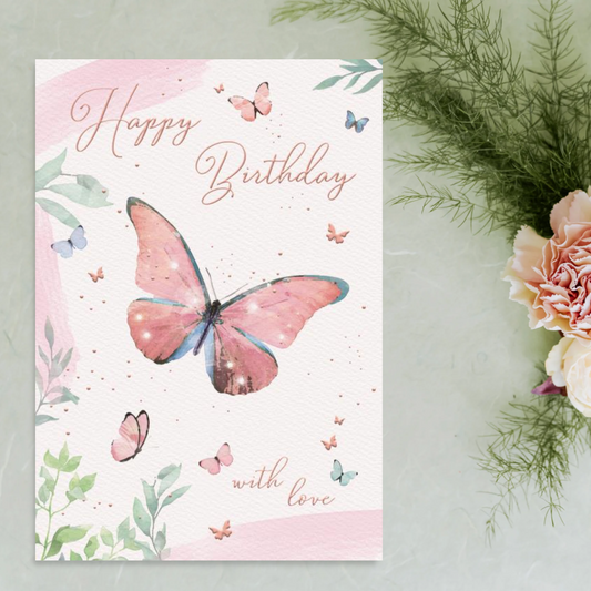Pink watercolour butterflies on floral card with rose gold details.