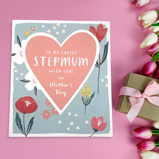 Square card with pink heart and floral border