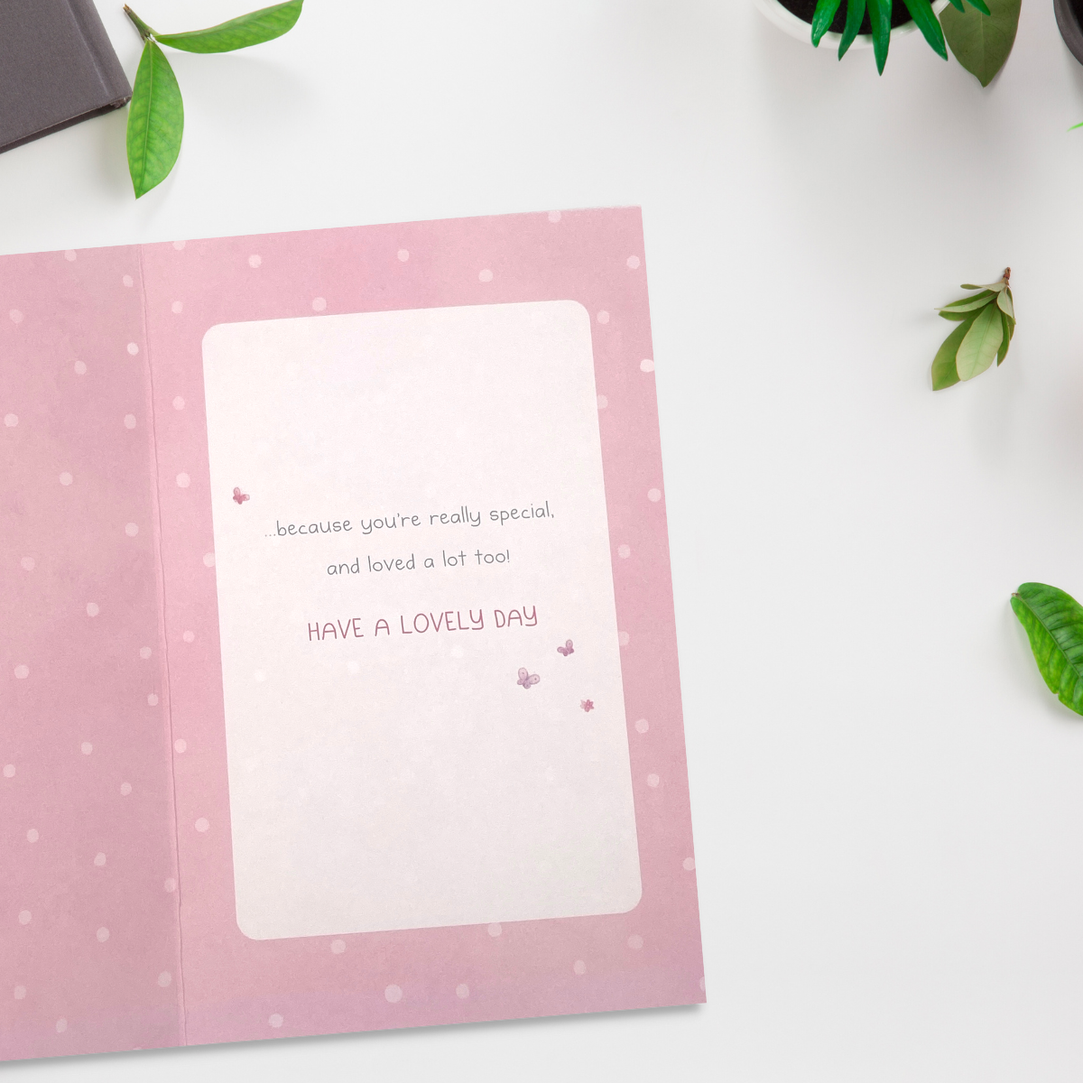 Inside image with pink polka dot border and verse