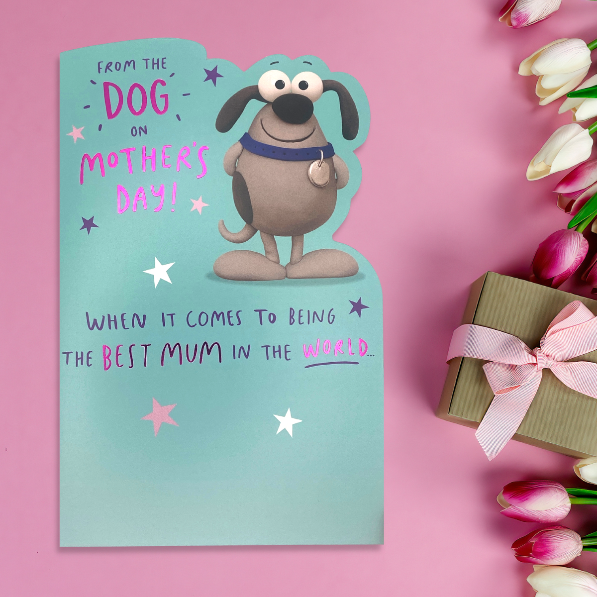 Turquoise card with die cut edge and funny dog character