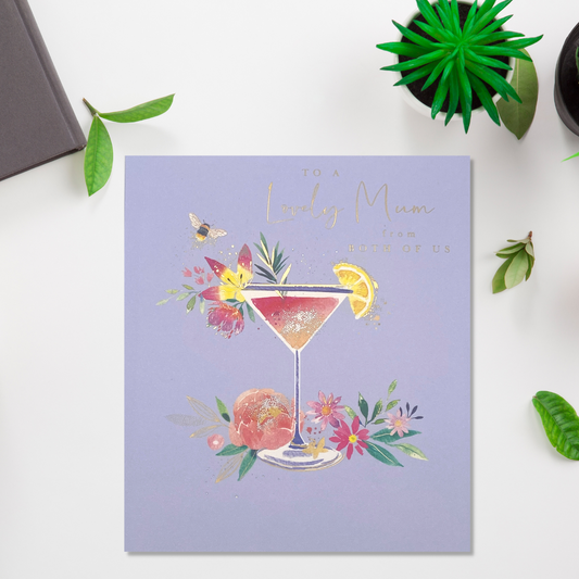 powder blue square card with cocktail glass and flowers