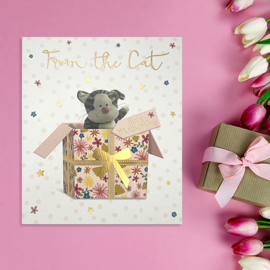 Square card with knitted cat in floral gift box