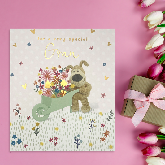 Square card with Boofle character and floral wheelbarrow
