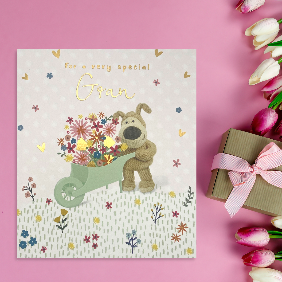 Square card with Boofle character and floral wheelbarrow