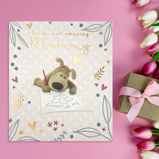 Square card with floral border, Boofle character and gold foil text