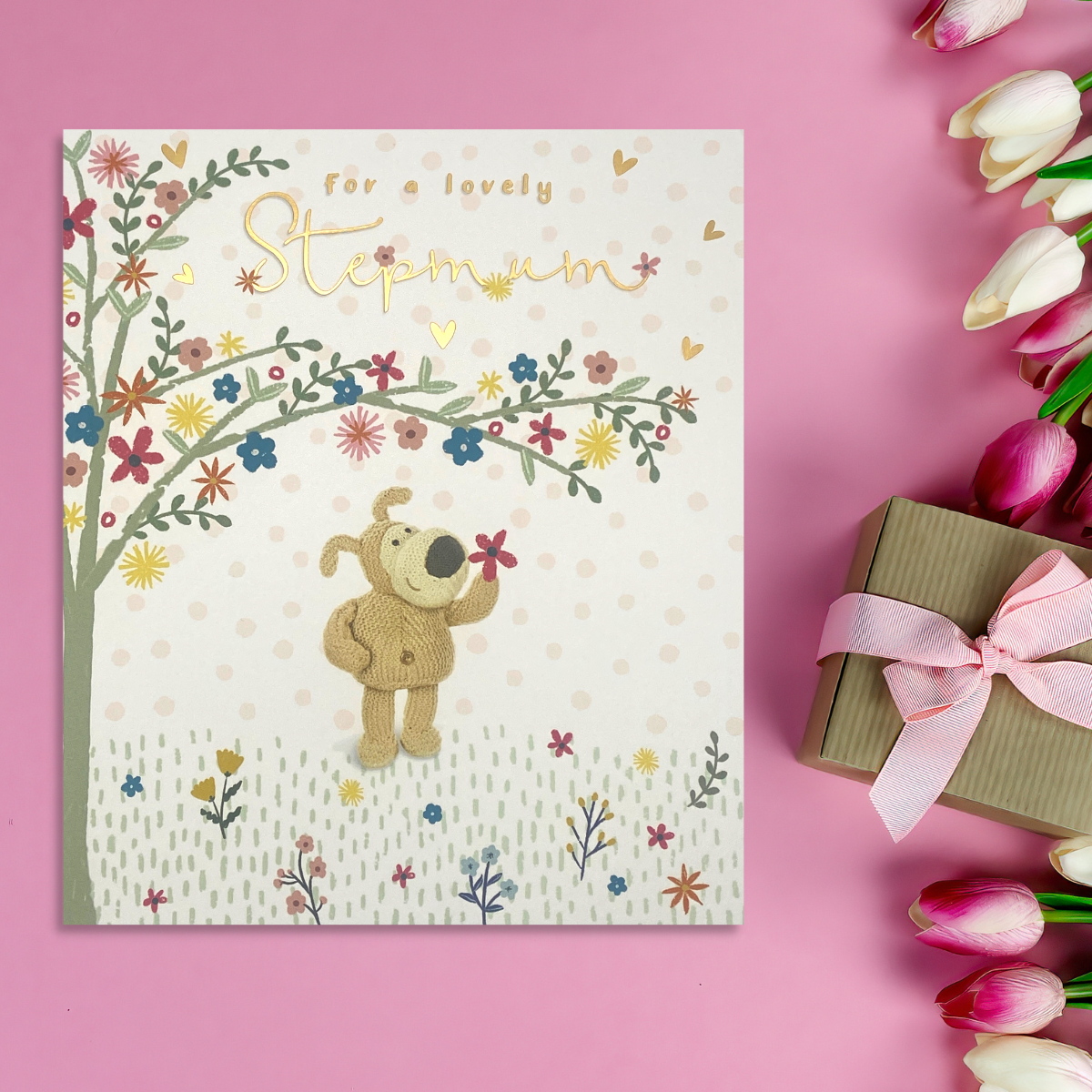 Square card with boofle character under tree of flowers