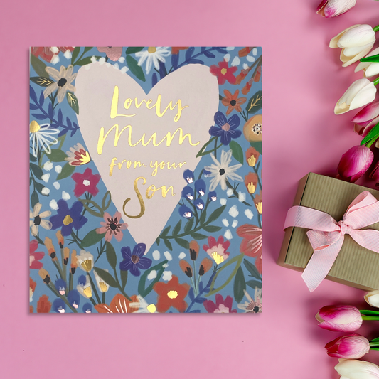 Blue square floral design with heart and gold foil text