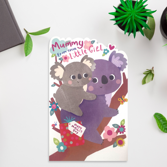 cute card with purple and grey koala drawing and flowers