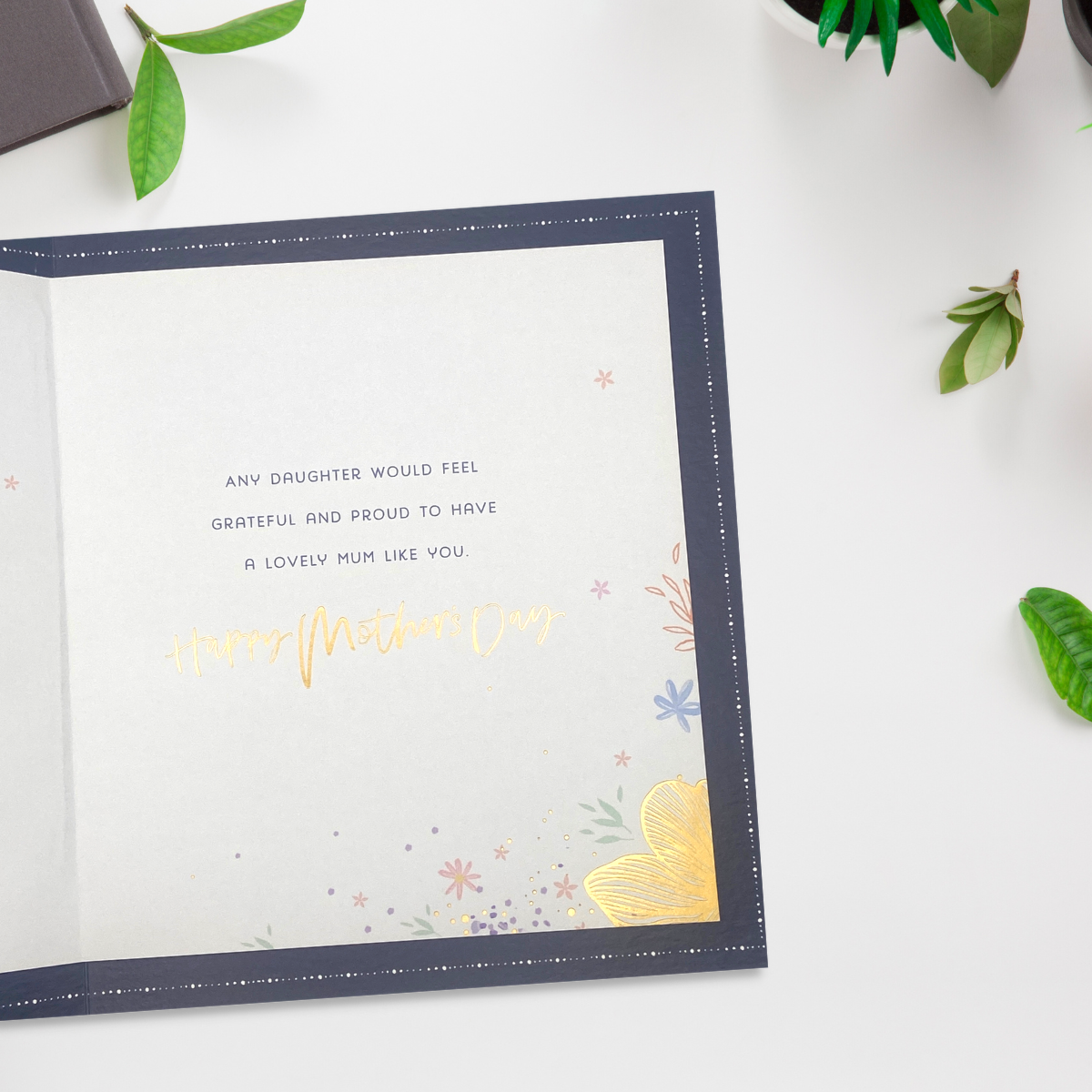 Inside image with navy border and coloured insert with gold foil