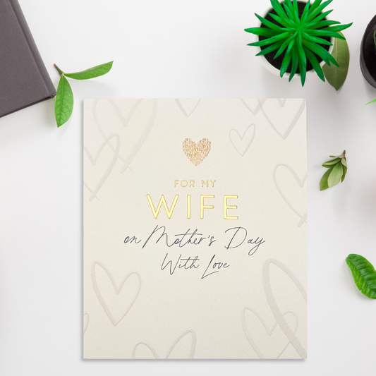 Square cream card with grey hearts and gold foil text