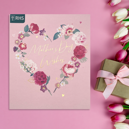 Square pink card with floral heart and gold foil text