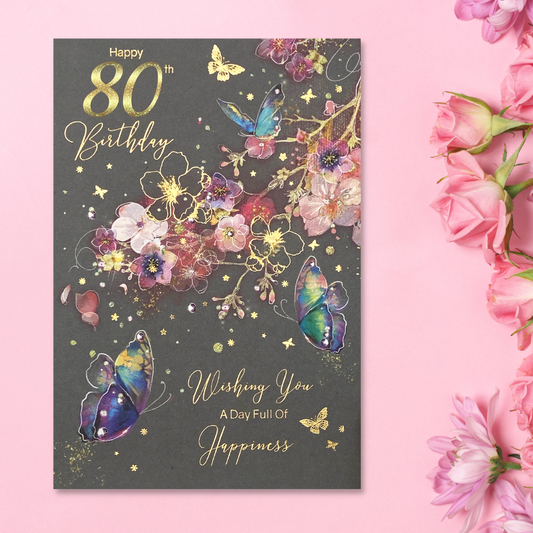 80th Birthday Card - Grace Blossom & Butterflies