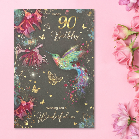 90th Birthday Card - Grace Hummingbird & Flowers
