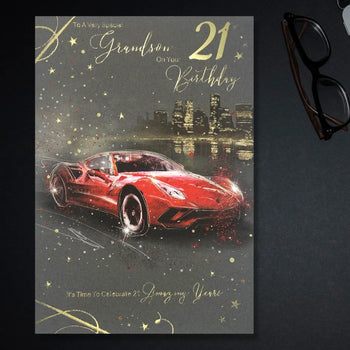 Grandson 21st Birthday Card - Grayson Red Sports Car