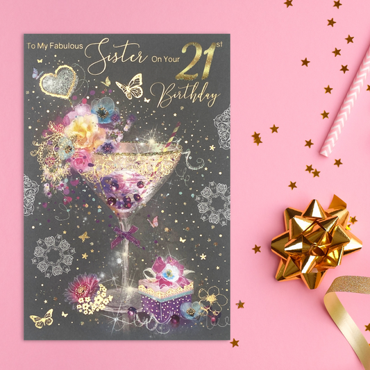 Sister 21st Birthday Card - Grace Cocktail & Gift