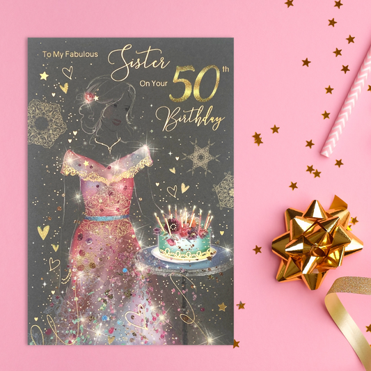 Sister 50th Birthday Card - Grace Cake & Candles