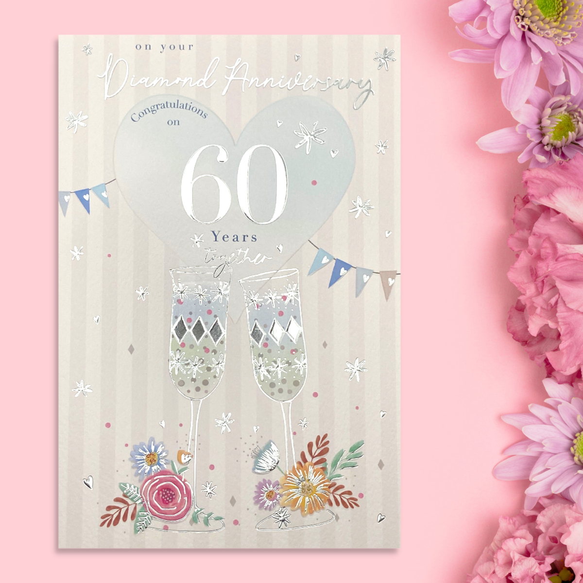 Diamond Wedding Anniversary Card - 60th Flutes & Flowers