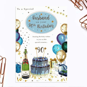 Husband 90th Birthday Card - Cake & Candles