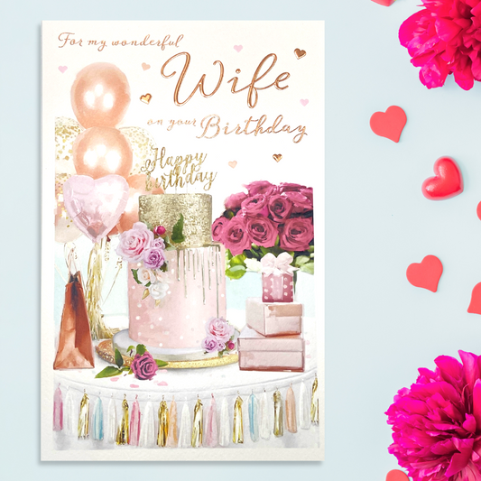 Wife Birthday Card - Cake & Balloons Large