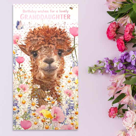 Granddaughter Birthday Card - Alpaca In Flowers