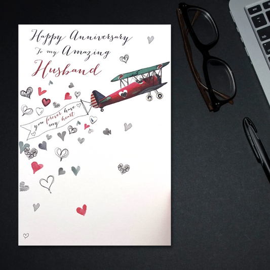 Husband Anniversary Card - Joie De Vivre Plane Of Hearts