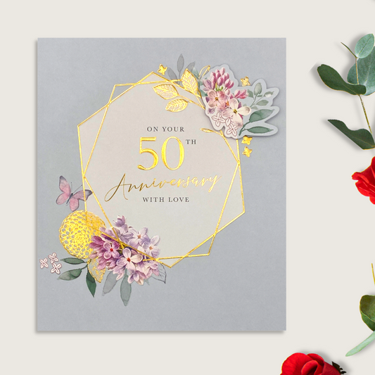 Golden Wedding Anniversary Card - 50th Decoupage Flowers