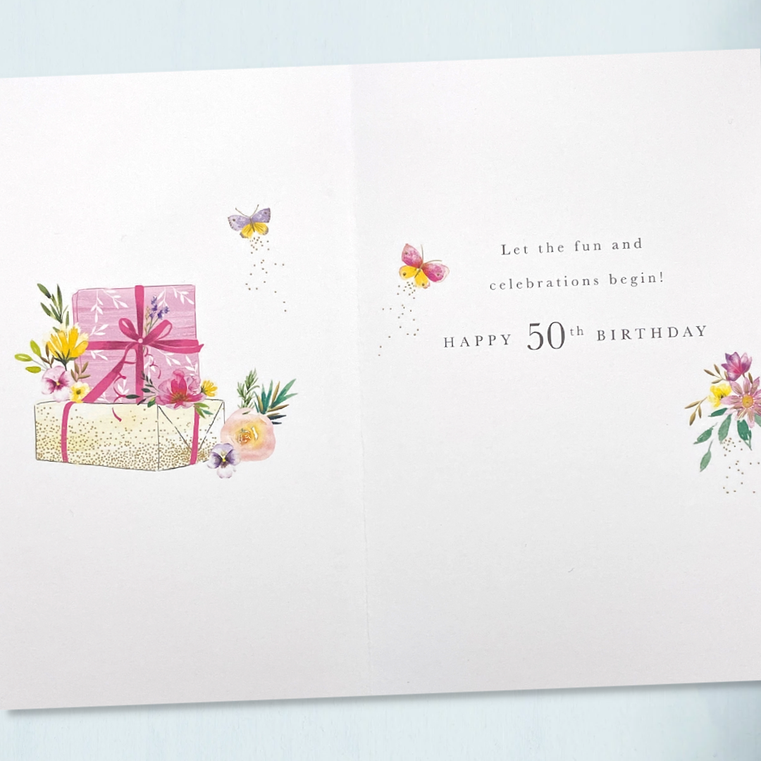 50th Birthday Card - Stacked Gifts & Butterflies