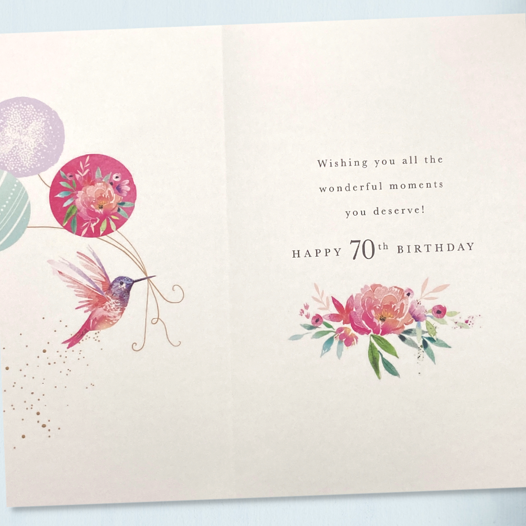 70th Birthday Card - Hummingbird & Balloons