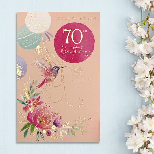 70th Birthday Card - Hummingbird & Balloons