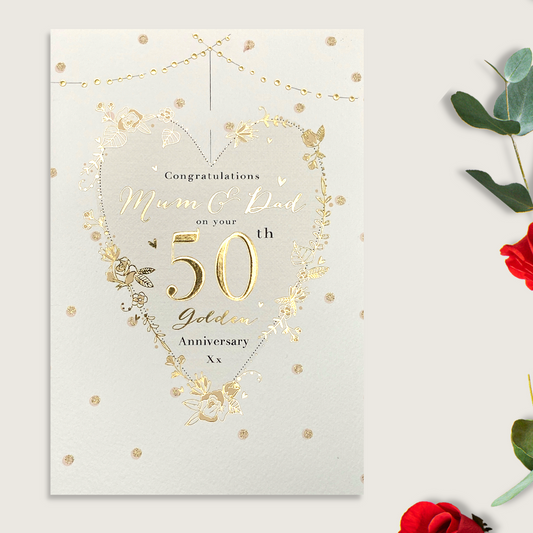 Mum & Dad Golden Wedding Anniversary Card - 50th Golden Heart