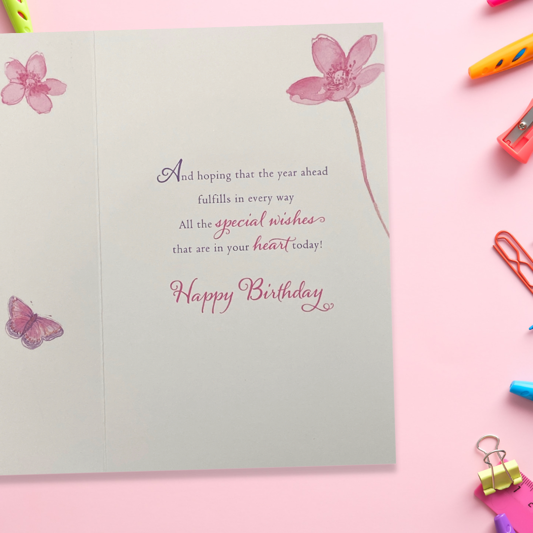 Sister Birthday Card - Pink Flowers & Butterflies