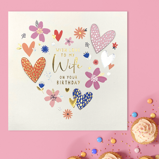 Wife Birthday Card - Decoupage Hearts Large