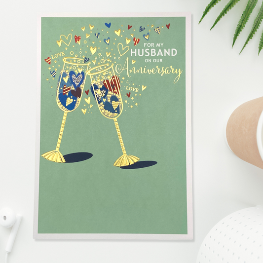 Husband Anniversary Card - Love & Hearts Flutes