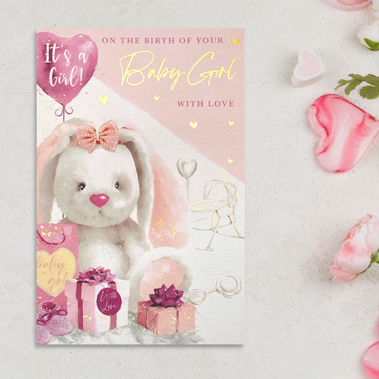 Baby Girl Card - Heritage Bunny & Balloon