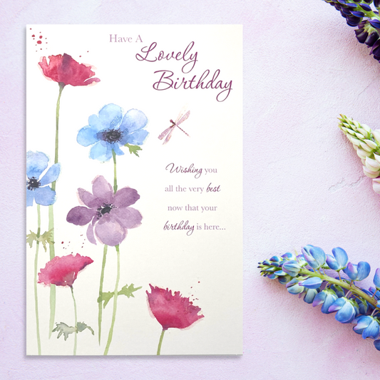 Lovely Birthday Card - Poppies & Dragonfly Sparkle