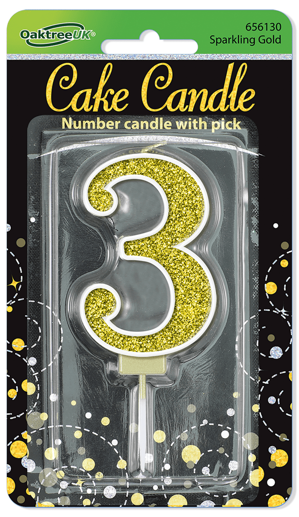 Black & Gold Glitter Cake Candle - Number 3