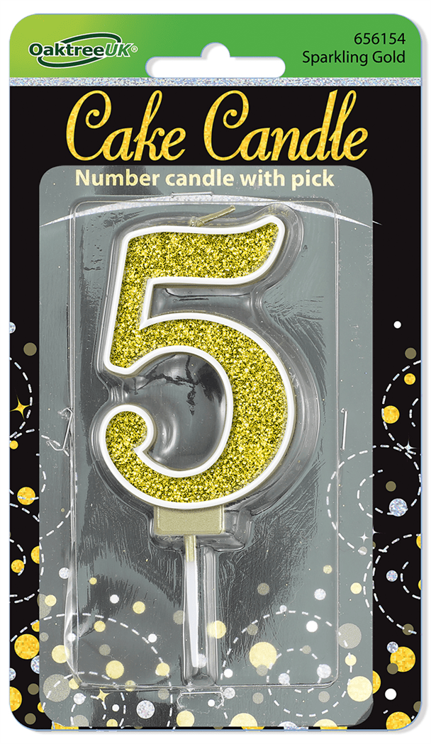 Black & Gold Glitter Cake Candle - Number 5