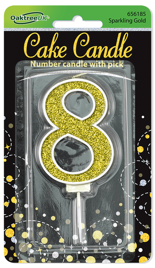 Black & Gold Glitter Cake Candle - Number 8