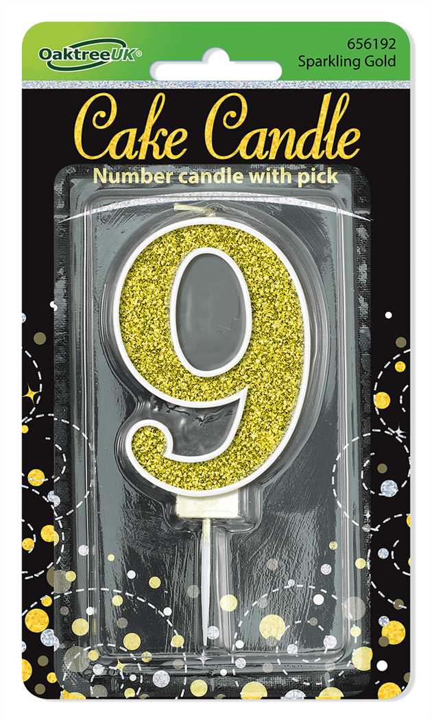 Black & Gold Glitter Cake Candle - Number 9