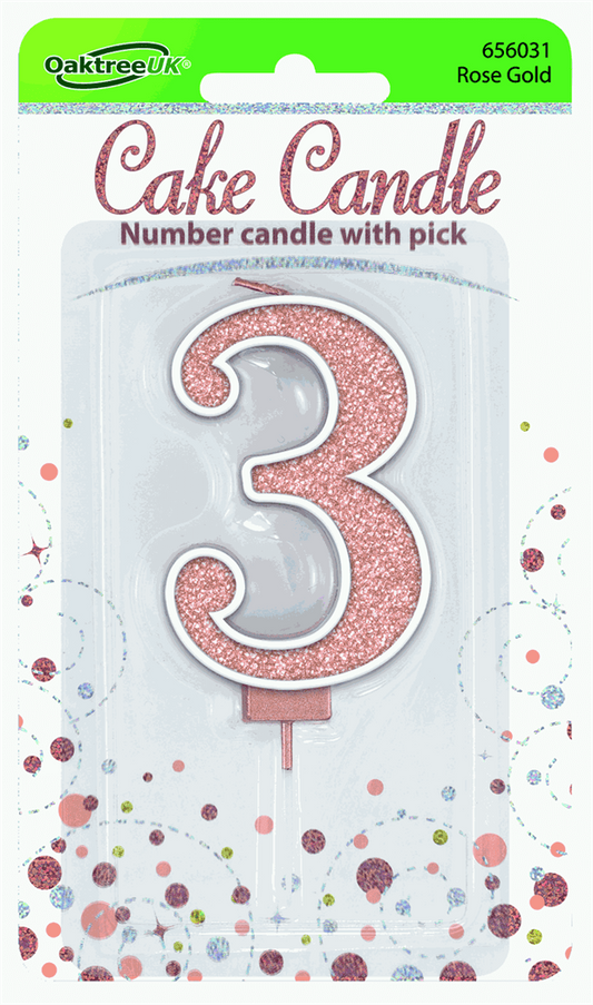 Rose Gold Glitter Candle - Number 3