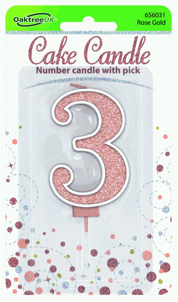 Rose Gold Glitter Cake Candle - Number 3