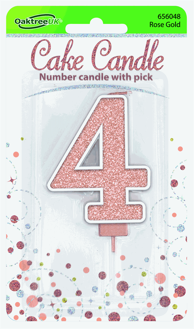 Rose Gold Glitter Cake Candle - Number 4