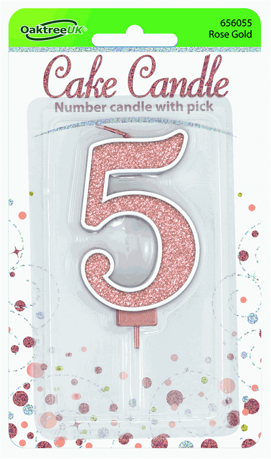 Rose Gold Glitter Candle - Number 5
