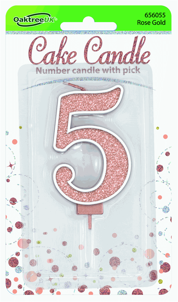 Rose Gold Glitter Cake Candle - Number 5