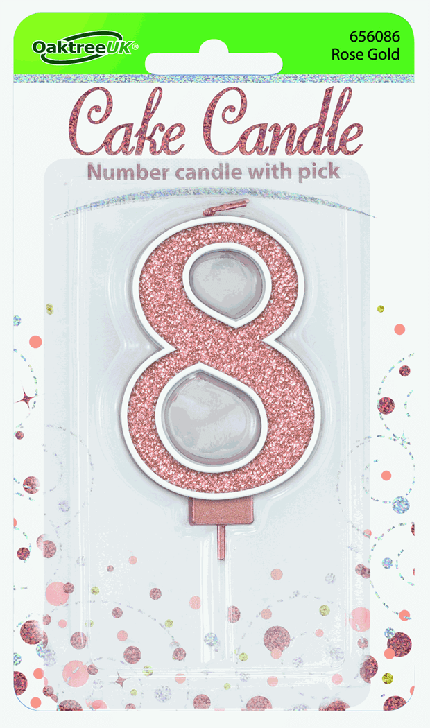 Rose Gold Glitter Cake Candle - Number 8