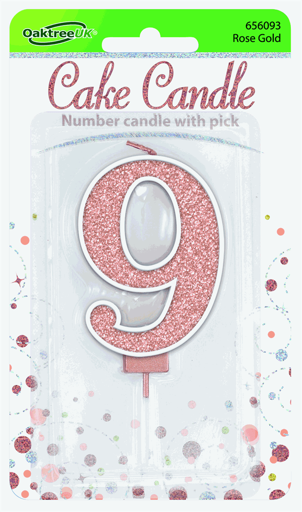 Rose Gold Glitter Cake Candle - Number 9