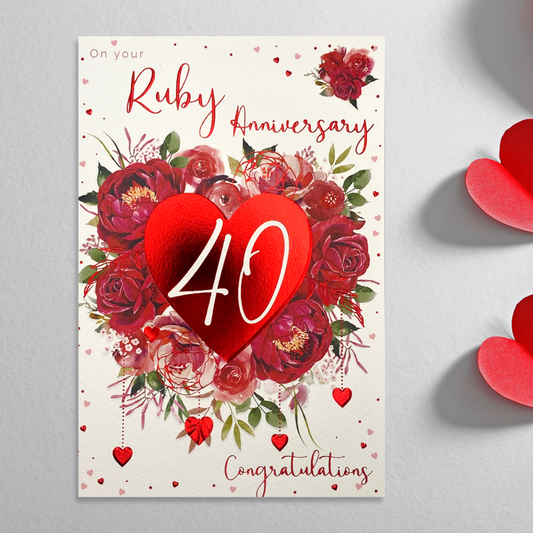 Ruby Wedding Anniversary Card - 40th Sentiments Hearts & Flowers