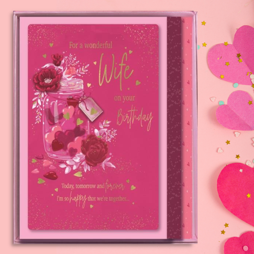 Wife Birthday Card - Boxed Floral Mason Jar & Hearts